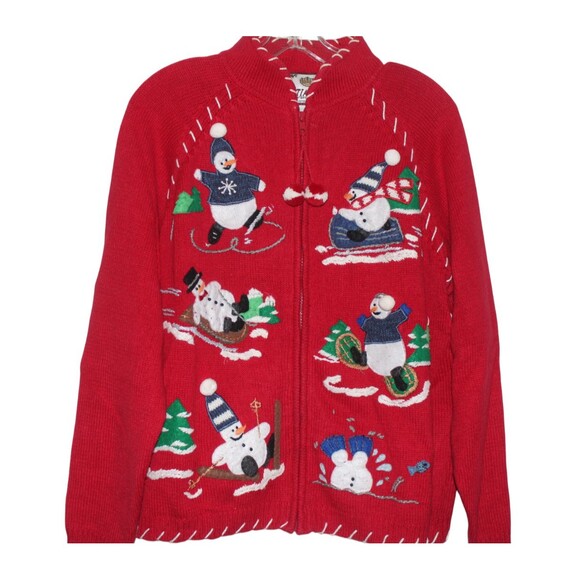 Vintage Tiara International Christmas Cardigan Skiing Snowman Holiday Sweater L - Picture 3 of 6